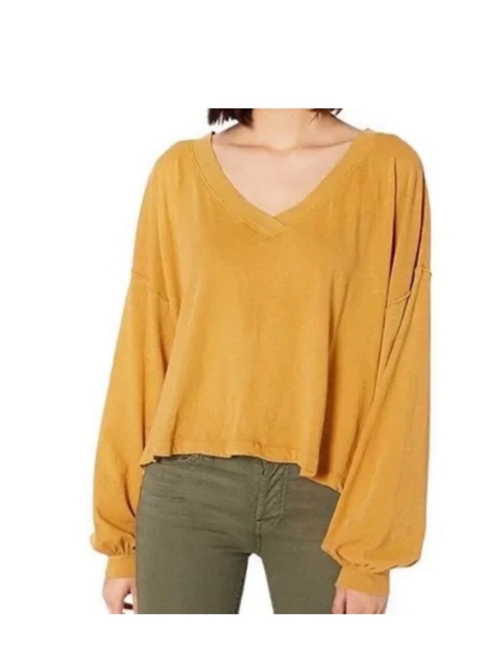 Free People Mustard V-Neck Balloon Sleeve Top